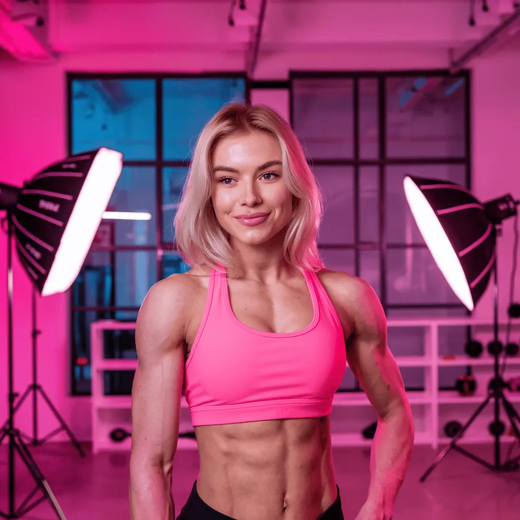 Profesionální fitness modelka v růžovém sportovním topu během focení ve studiu